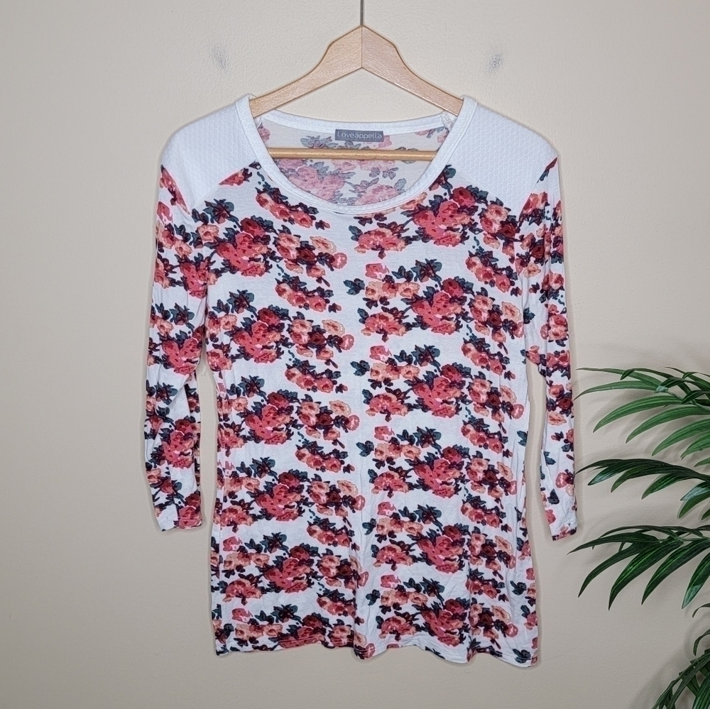 Y2K Loveappella Floral 3/4 Sleeve Top Quilted Shoulders Cottagecore Size Large